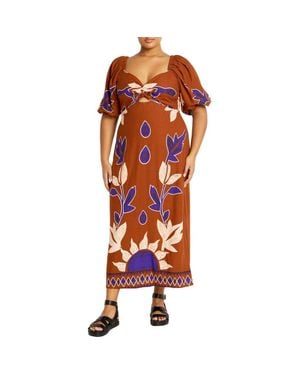 City Chic Luna Print Puff Sleeve Maxi Dress - Orange