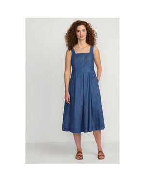Lands' End Pleated Square Neck Cotton Poplin Midi Dress - Blue
