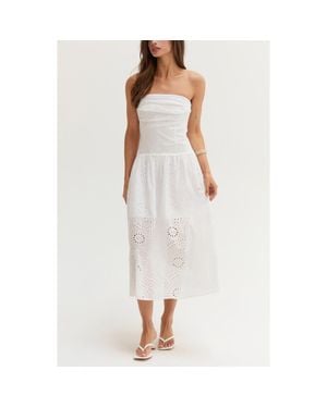Crescent Cotton Eyelet Tube Midi Dress - White