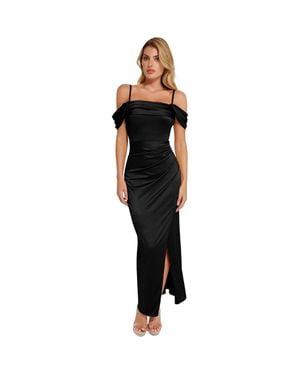 Popilush Liquid Metallic Fabric Shapewear Off Shoulder Shine Ruched Sculpting Maxi Dress - Black