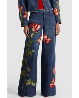Alice + Olivia Amazing Low Rise Baggy Wide Leg Embroidered Jeans - Blue