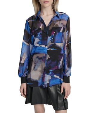 DKNY Floral Print Long Sleeve Chiffon Shirt - Blue