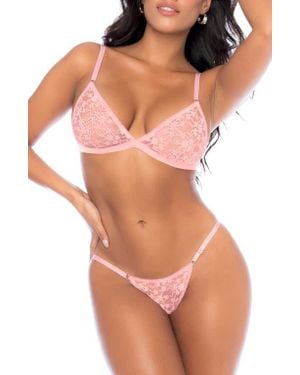 MAPALE Mesh Underwire Bra & Thong Set - Pink