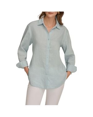 Donna Karan Linen Button-Up Shirt - Gray