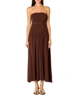 Nia Santal Ruched Strapless Midi Dress - Brown