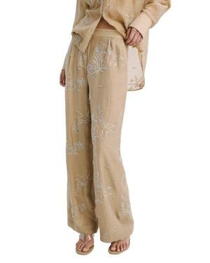 Mango Beaded Floral Embroidered High Rise Pants - Natural