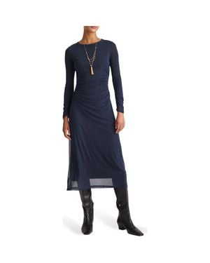 Madewell Long Sleeve Ruched Mesh Midi Dress - Blue