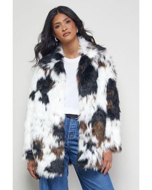 Warehouse Premium Funnel Neck Faux Fur Coat - Blue