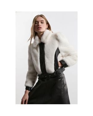 Karen Millen Faux Fur Pu Panel Belted Cropped Jacket - Gray