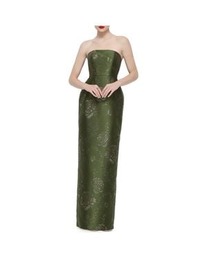 Alfred Sung Jacqueline Gilt Floral Strapless Satin Twill Column Gown - Green