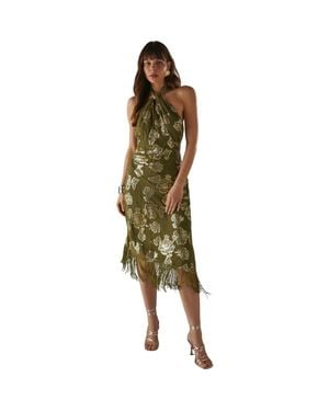 Warehouse Metallic Chiffon Wrap Front Midi Dress - Green