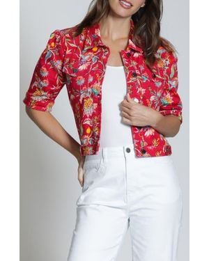 Apny Floral Print Short Sleeve Denim Jacket - Red