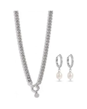 Joey Baby Cuban Link Chain Necklace And Freshwater Pearl Drop Earring Set - Metallic