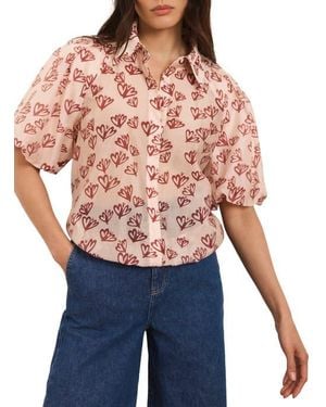 Mint Velvet Heart Print Puff Sleeve Shirt - Red