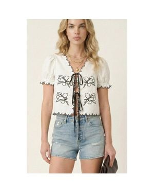 Modenaire Puff Sleeve Embroidered Front Tie Blouse - Blue