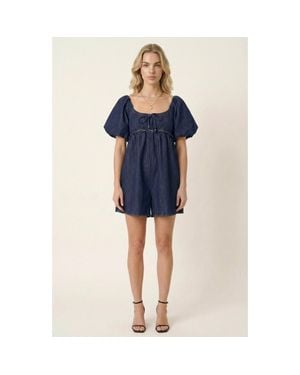 Modenaire Puff-Sleeve Romper With Tie Front - Blue