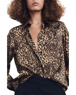 Mango Leopard Print Satin Button-Up Shirt - Black