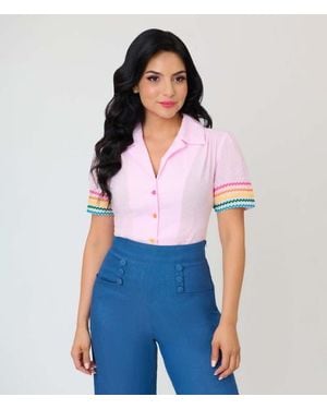 Unique Vintage 1940S Short Sleeve Collared Button Down Woven Blouse - Blue