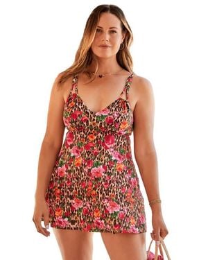 Swim 365 Loop Strap V Neck Tummy Control Two Piece Swim Dress - Red