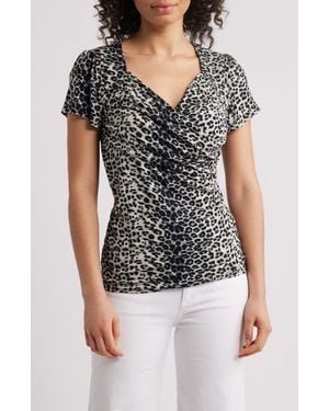 Loveappella Leaopard Print Faux Wrap Top - Black