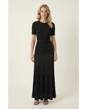 Modenaire Ribbed Knit Belted Waist Pleated Midi Dress - Black