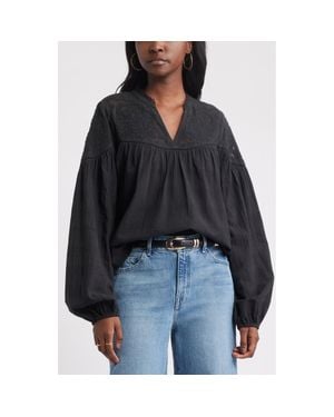 Treasure & Bond Appliqué Yoke Balloon Sleeve Cotton Top - Black