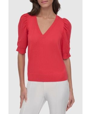 DKNY V-Neck Twist Sleeve Top - Red