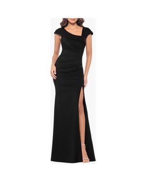 Xscape Evenings Asymmetric Neck Scuba Knit Trumpet Gown - Black