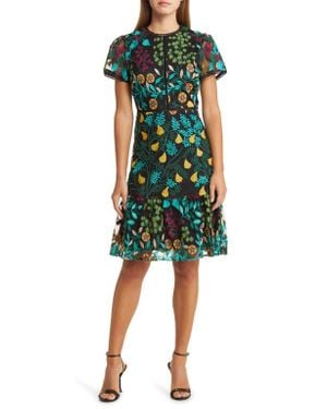 Tahari Embroidered Short Sleeve Cocktail Dress - Green