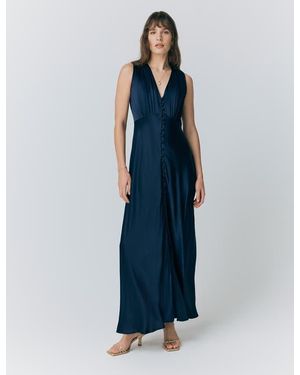Ghost River V Neck Button Satin Maxi Dress - Blue