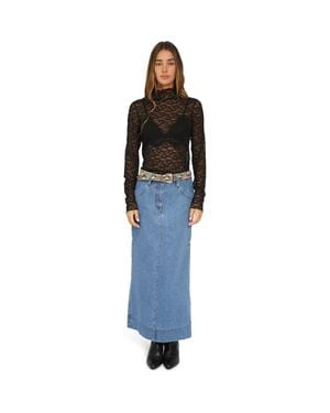 Belle & Bloom Edge Line Denim Maxi Skirt With Side Buttons - Blue