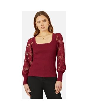 Yumi' Ribbed Knitted Lace Sleeve Sweater - Red