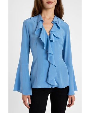 Santorelli Sydney Silk Long Sleeve Ruffle Blouse - Blue