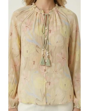 Modenaire Floral Print Blouse With Tassel Tie Neck And Long Sleeve - Natural