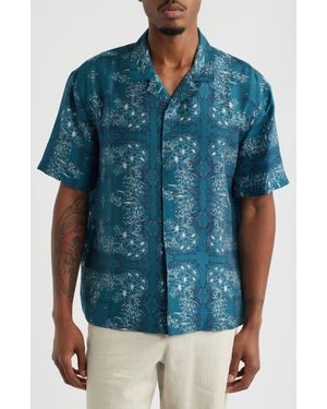 Open Edit Floral Print Short Sleeve Button-Up Shirt - Blue