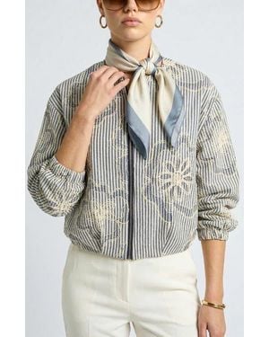 Knit & Lounge Long Sleeve Cropped Jacket With Zip Front And Embroidered Stripe Pattern - Gray