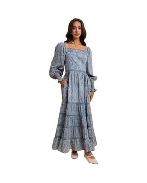 Knit & Lounge Long-Sleeve Tiered Square Neck Maxi Dress - Blue