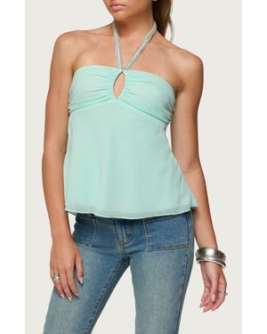 Edikted Sequin Keyhole Chiffon Halter Top - Green
