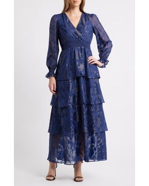 Anne Klein Metallic Floral Long Sleeve Tiered Dress - Blue
