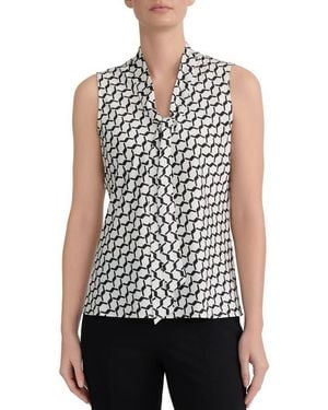 Kasper Geometric Print Tie Neck Satin Top - White