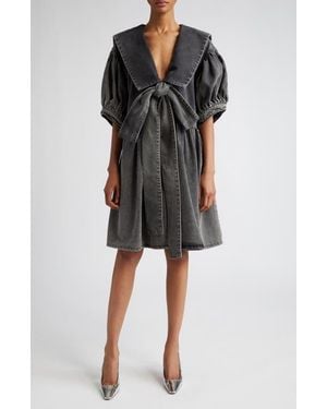 VAQUERA Bow Puff Sleeve Denim Sailor Dress - Black