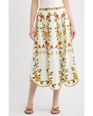 FARM Rio Lemon Bouquet Floral Linen Blend Midi Skirt - Multicolor