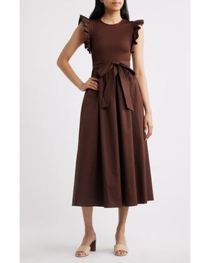 Anne Klein Ruffle Mixed Media Midi Dress - Brown