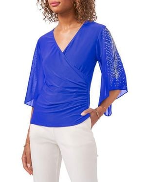 Chaus Embellished Split Sleeve Surplice Blouse - Blue