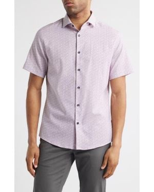 Stone Rose Artisanal Trim Fit Floral Geo Print Short Sleeve Cotton & Lyocell Button-Up Shirt - Purple