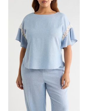 Anne Klein Lace Trim Flutter Sleeve Linen Blend Top - Blue