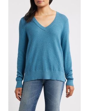 NIC+ZOE Waffle Stitch V-Neck Sweater - Blue
