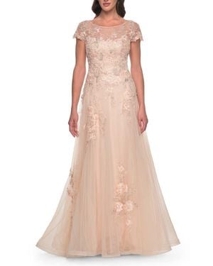 La Femme Tulle And Lace A-Line Dress With Illusion Neckline And Short Sleeves - Pink