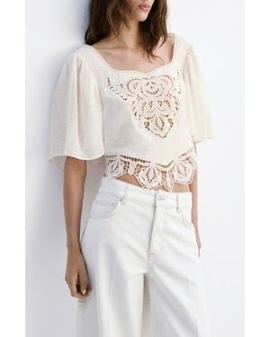 Mango Embroidered Openwork Cropped Top - White