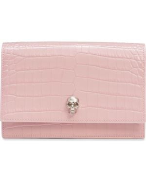 McQueen Alexander Mini Skull Croc Embossed Leather Shoulder Bag - Pink